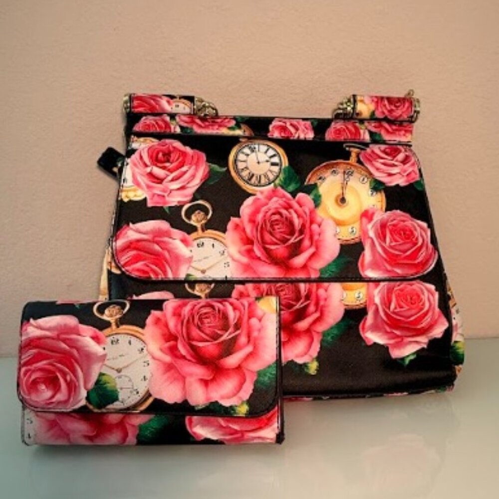 Floral & Vintage Clock Handbag Set - Rose Print Purse and Wallet